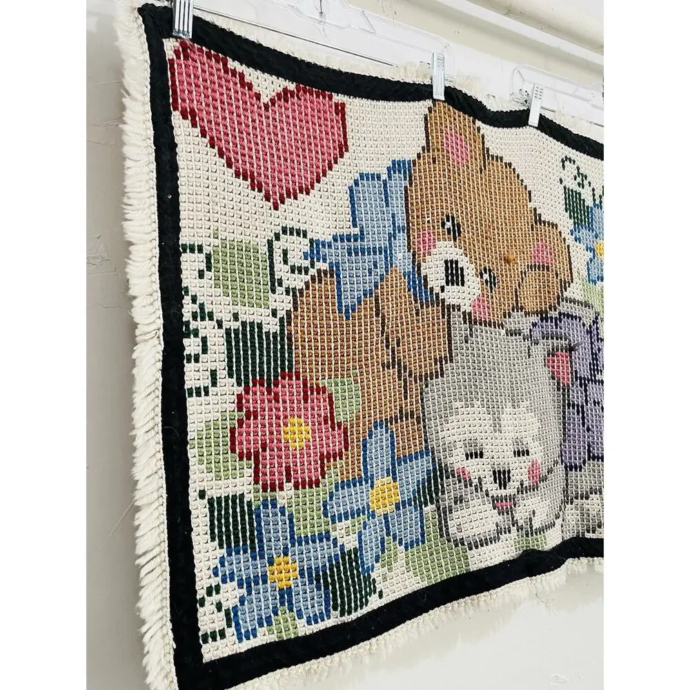 Vintage Latch Hook Rug Wall Hanging Bears Heart Completed Finished #4381 Baby Mo